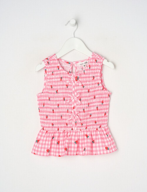 Mac & Ellie Gingham Strawberries Linen Blend Bow Top, Fuchsia product photo