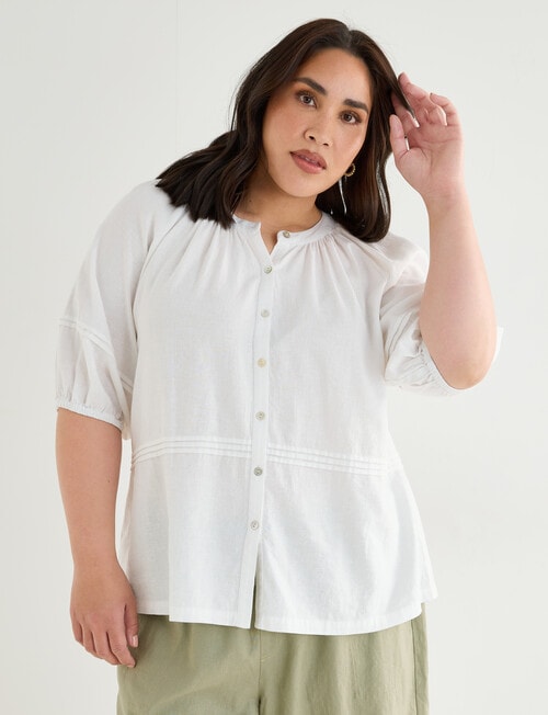 Studio Curve Linen Blend Pleat Front Blouse, White product photo