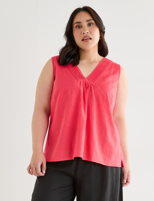 Studio Curve Linen Blend Pleat Front Tank Top, Bright Coral product photo