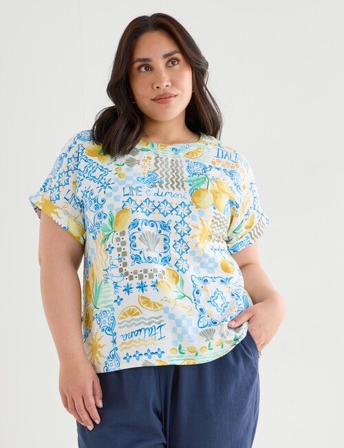 Studio Curve Linen Blend Short Sleeve Shell Top, Lemon Print product photo