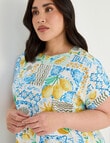 Studio Curve Linen Blend Short Sleeve Shell Top, Lemon Print product photo View 04 S
