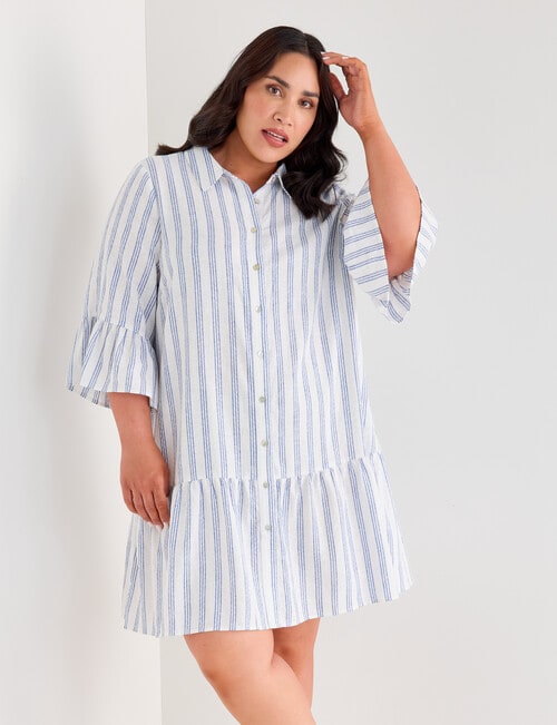 Studio Curve Linen Blend Button Through Ruffle Dress, Blue Stripe product photo