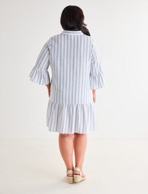 Studio Curve Linen Blend Button Through Ruffle Dress, Blue Stripe product photo View 02 L