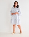 Studio Curve Linen Blend Button Through Ruffle Dress, Blue Stripe product photo View 03 S