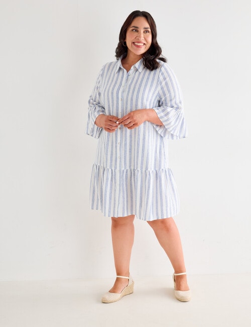 Studio Curve Linen Blend Button Through Ruffle Dress, Blue Stripe product photo View 03 L