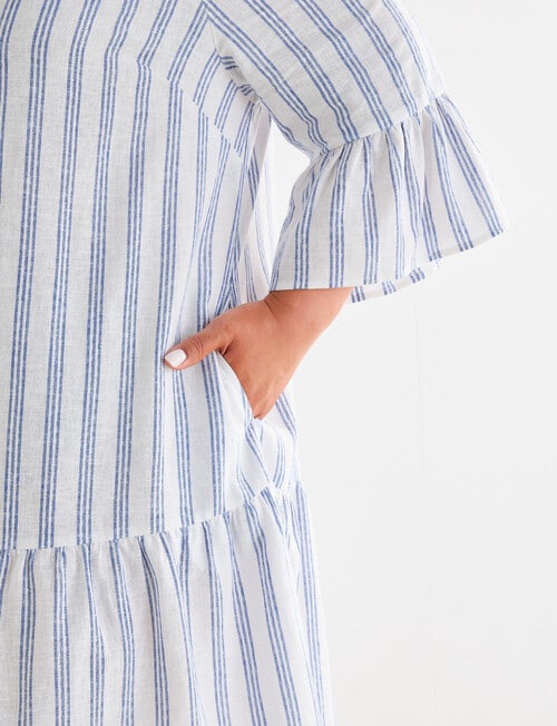 Studio Curve Linen Blend Button Through Ruffle Dress, Blue Stripe product photo View 05 L