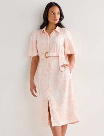 Whistle Scarf Print Shirt Dress, Peach product photo