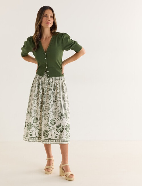 Whistle Floral Print Shirred Waist Etched Skirt, Green & Ivory product photo