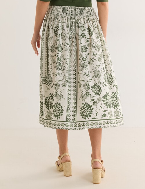 Whistle Floral Print Shirred Waist Etched Skirt, Green & Ivory product photo View 02 L