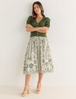 Whistle Floral Print Shirred Waist Etched Skirt, Green & Ivory product photo View 03 S