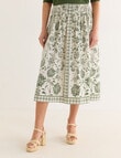 Whistle Floral Print Shirred Waist Etched Skirt, Green & Ivory product photo View 04 S
