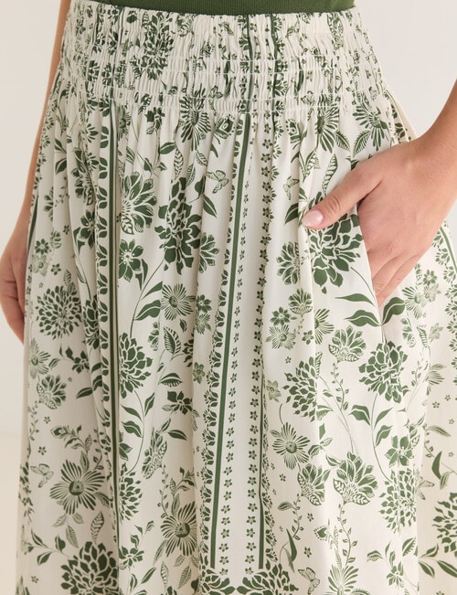 Whistle Floral Print Shirred Waist Etched Skirt, Green & Ivory product photo View 05 L