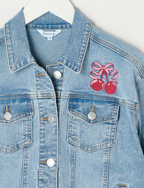 Switch Bow Cherry Stretch Denim Jacket, Mid Blue product photo View 02 L