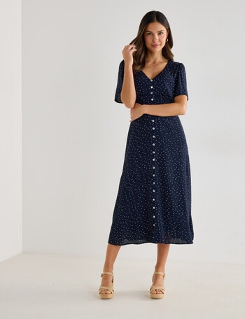 Whistle Polka Dot Flutter Sleeve Tea Dress, Navy product photo