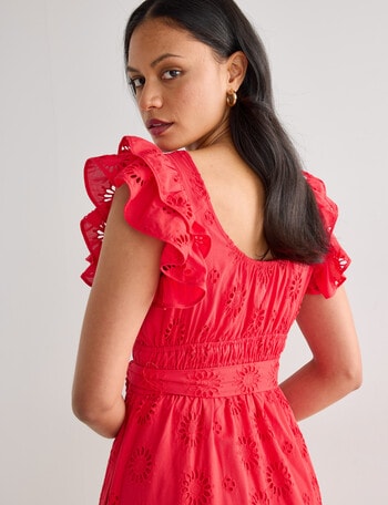 Whistle Double Frill Sleeve Broderie Dress, Red product photo