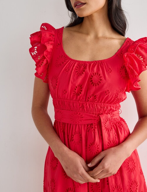 Whistle Double Frill Sleeve Broderie Dress, Red product photo View 04 L