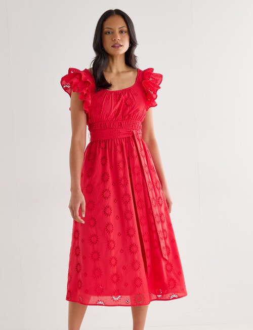 Whistle Double Frill Sleeve Broderie Dress, Red product photo View 06 L