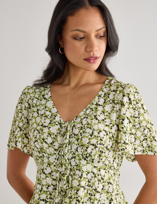 Whistle Ditsy Tie Front Top, Sage product photo