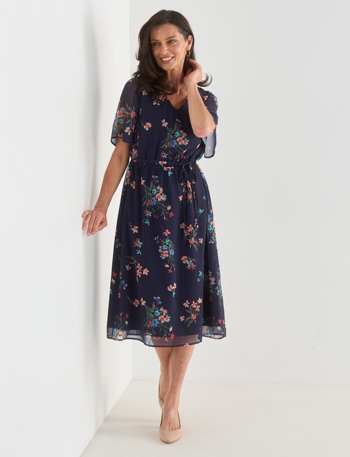 Ella J Floral Fluted Sleeve Dress, Navy product photo
