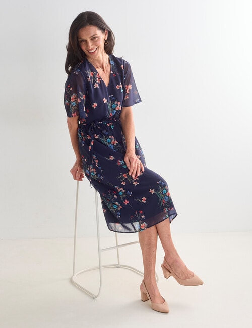 Ella J Floral Fluted Sleeve Dress, Navy product photo View 05 L