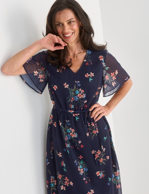 Ella J Floral Fluted Sleeve Dress, Navy product photo View 06 L