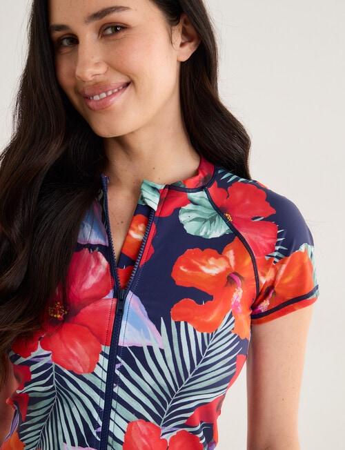 Zest Resort Paradise Floral Short Sleeve Zip Thru Rashie, Blue product photo View 05 L