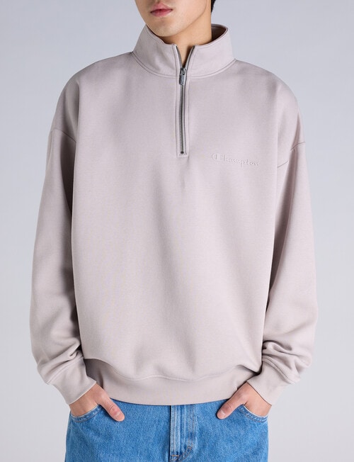 Champion Tonal Script Quarter Zip Crew Sweatshirt, Pearl Oyster product photo