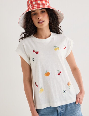 Zest Embroidered Fruit Organic Cotton Roll Sleeve Tee, White product photo