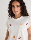 Zest Embroidered Fruit Organic Cotton Roll Sleeve Tee, White product photo View 04 S