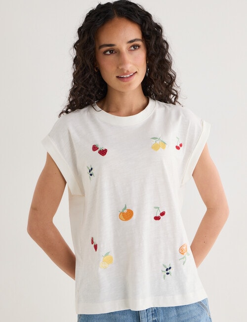 Zest Embroidered Fruit Organic Cotton Roll Sleeve Tee, White product photo View 05 L