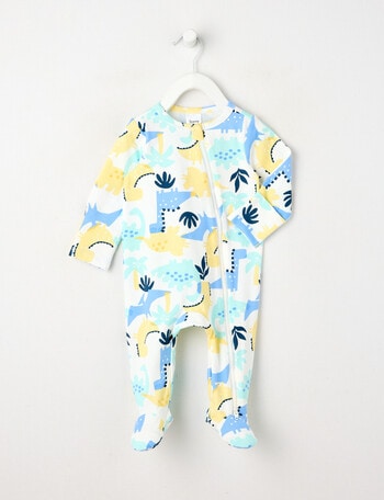 Teeny Weeny Sleep Dino Stretch Cotton Sleepsuit, White & Blue product photo