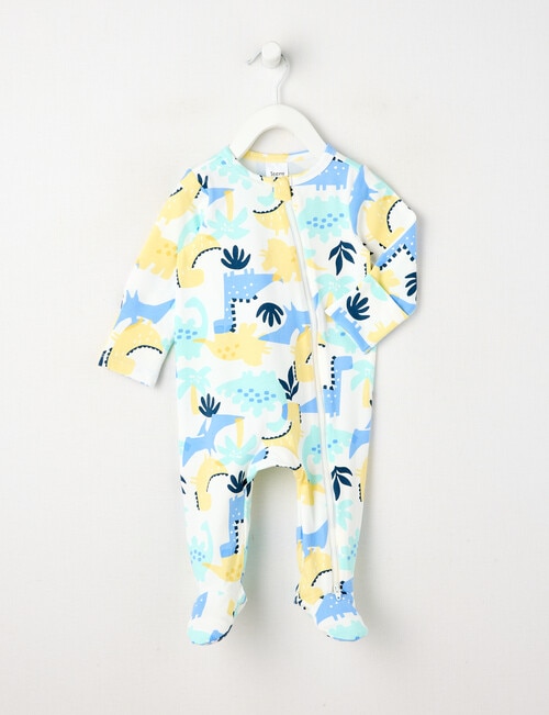 Teeny Weeny Sleep Dino Stretch Cotton Sleepsuit, White & Blue product photo