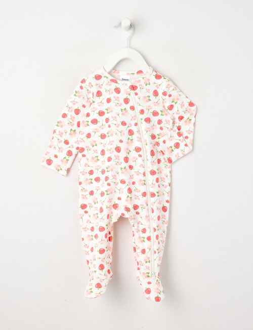Teeny Weeny Sleep Strawberry Puppy Stretch Cotton Sleepsuit, White & Pink product photo