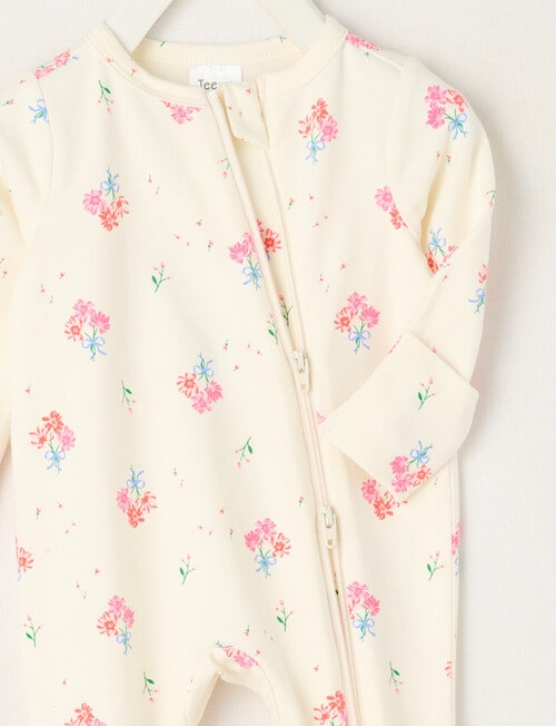 Teeny Weeny Sleep Stretch Cotton Floral Sleepsuit, Cream & Pink product photo View 02 L