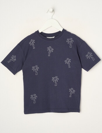 Mac & Ellie All Over Embroidered Palm Short Sleeve Tee, Navy product photo