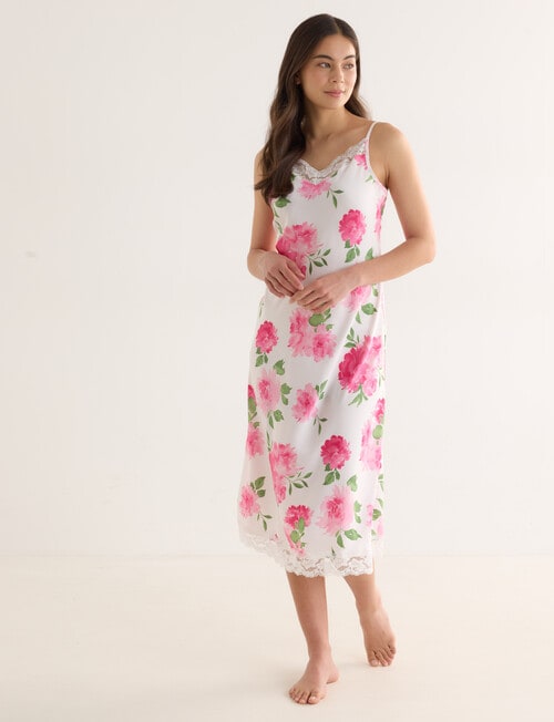 Whistle Sleep Camellia Print Lace Satin Nightie, White, 8-22 product photo