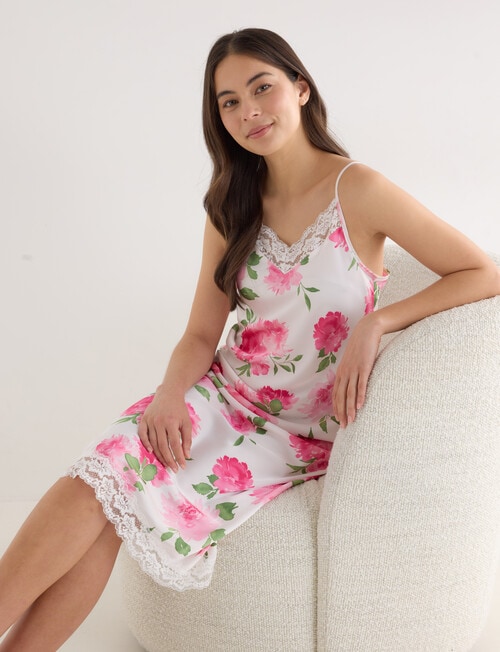 Whistle Sleep Camellia Print Lace Satin Nightie, White, 8-22 product photo View 03 L