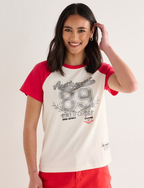 Denim Republic Raglan Vintage Tee, Red & White product photo