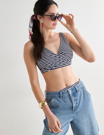 Zest Resort Stripe Wrap Front Bikini Top, Navy & White product photo