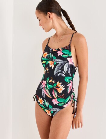 Zest Swimwear Floral Ruched Suit with Drawstring, Black product photo