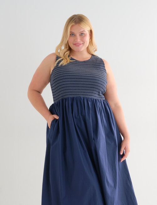 Studio Curve Contrast Stitch Sleeveless Smocked Dress, Navy product photo View 03 L