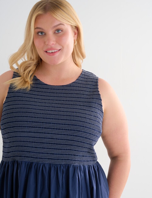 Studio Curve Contrast Stitch Sleeveless Smocked Dress, Navy product photo View 04 L
