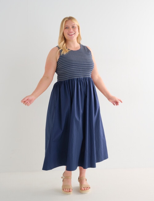 Studio Curve Contrast Stitch Sleeveless Smocked Dress, Navy product photo View 05 L