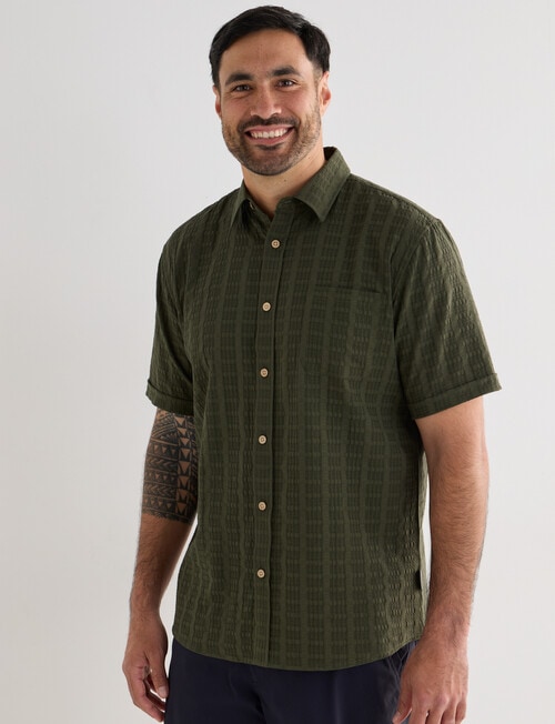 Kauri Trail Grid Texture Short Sleeve Shirt, Dark Olive product photo View 04 L