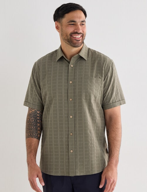 Kauri Trail Grid Texture Short Sleeve Shirt, Light Khaki product photo View 04 L