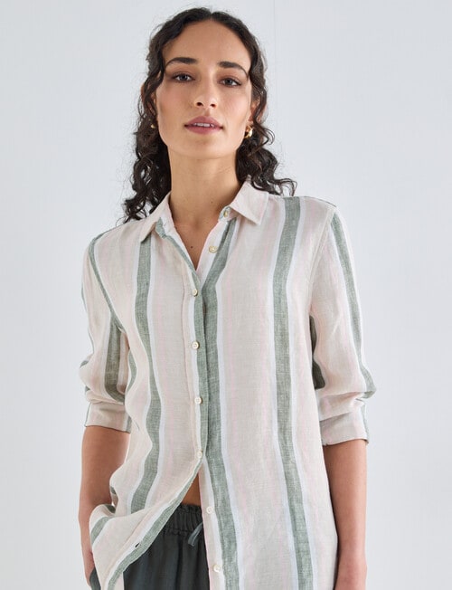 Zest Essential Linen Multi Stripe Long Sleeve Shirt, Kelp product photo