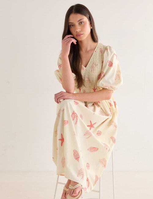 Mineral Aurora Printed Shirred Bodice Dress, Red product photo View 03 L