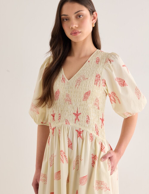 Mineral Aurora Printed Shirred Bodice Dress, Red product photo View 04 L