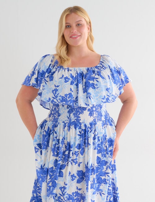 Studio Curve Floral Print Shirred Bodice Overlay Dress, Blue product photo View 05 L