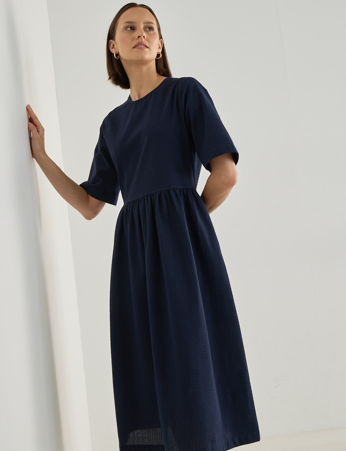Jigsaw Verity Seersucker Midi Dress, Navy - Midi Dresses